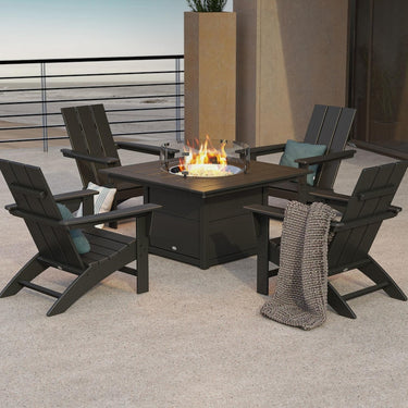 POLYWOOD Modern 5-Piece Adirondack Chair Conversation Set w/ Fire Pit Table - Black